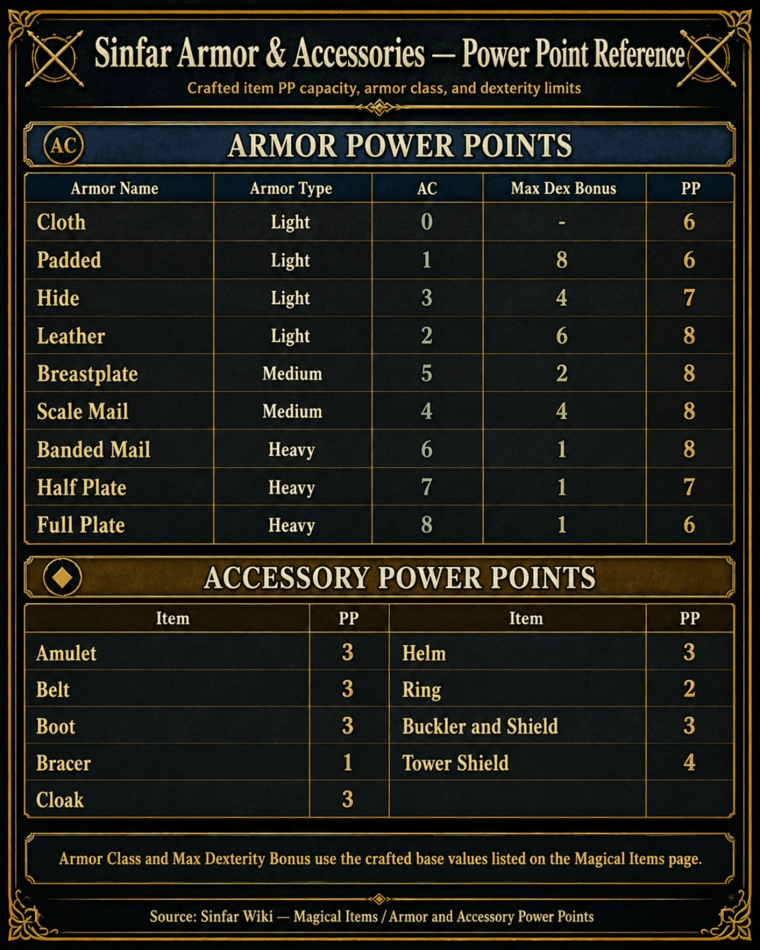Sinfar armor and accessory power point reference