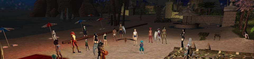 Players gathered for a Sinfar beach party